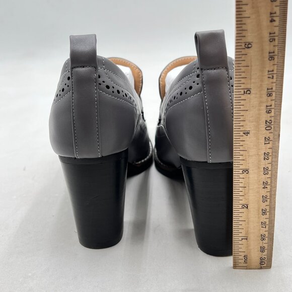 YDN Grey Chunky High Heels Round Toe Oxford Loafer Dress Shoe - Picture 5 of 8